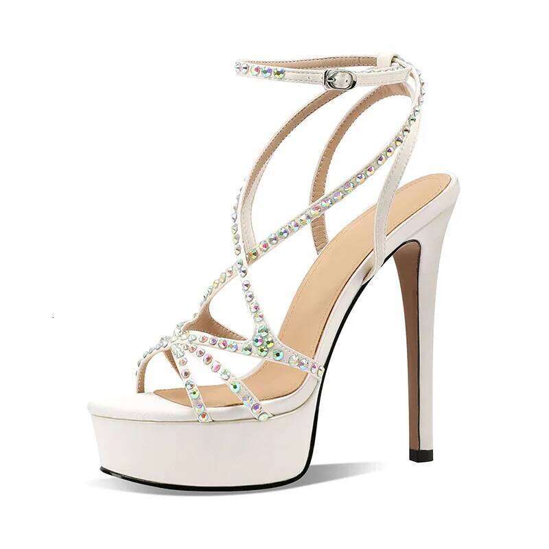 Arden Furtado 2025 Summer Silk Round Open toe Platform Super high heel Sexy Crystal word-cingulate Ankle Strap Sandals