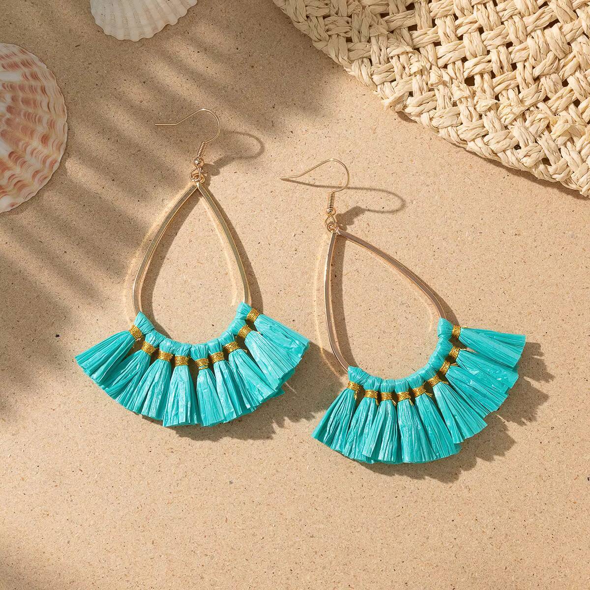 Raffia Woven Geometric Tassel Niche Exaggerated Earrings for Women Uionen 1059