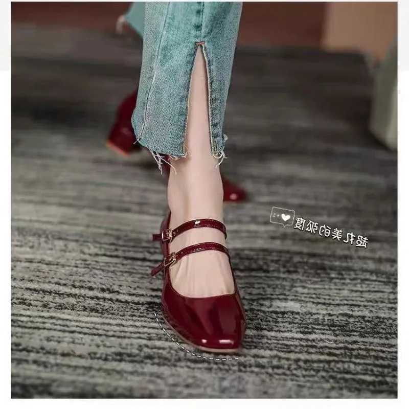 Spring Autumn Women Double Buckle Mary Janes Shoes Patent Leather Dress Square Head Square Heel Solid Color Womens Pumps W250814