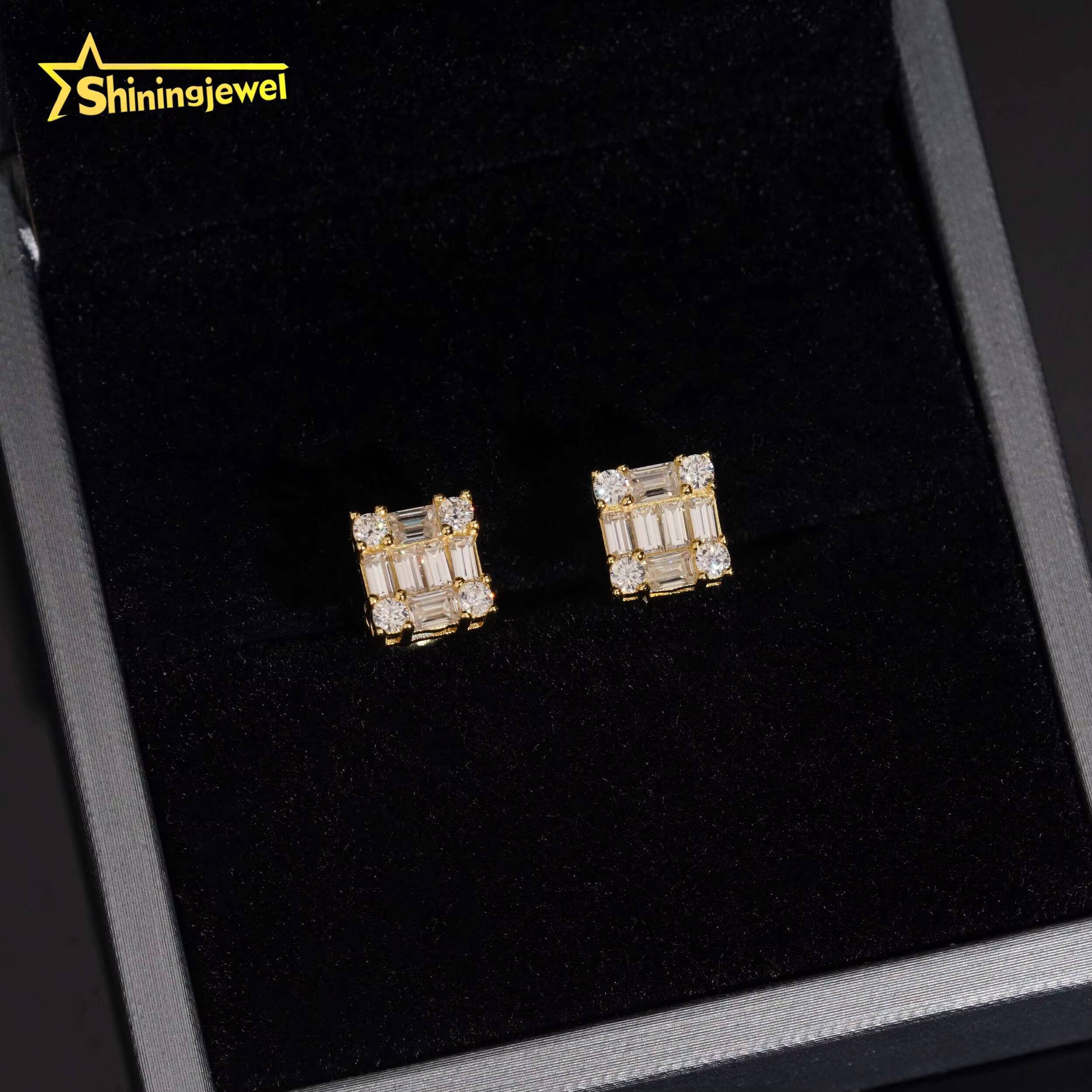 Jewelry Sier Emerald Cut Moissanite Dia Bling Special Design Iced Out Square Stud Earrings for Men