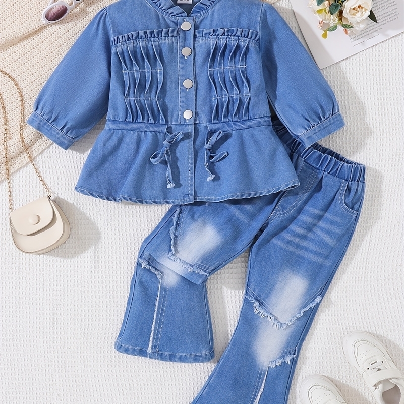 Spring And Autumn Fashion Baby Girl Denim Set Stand-Up Collar Waist-Shaped Drawstring Denim Jacket Casual Washed Jeans 250813