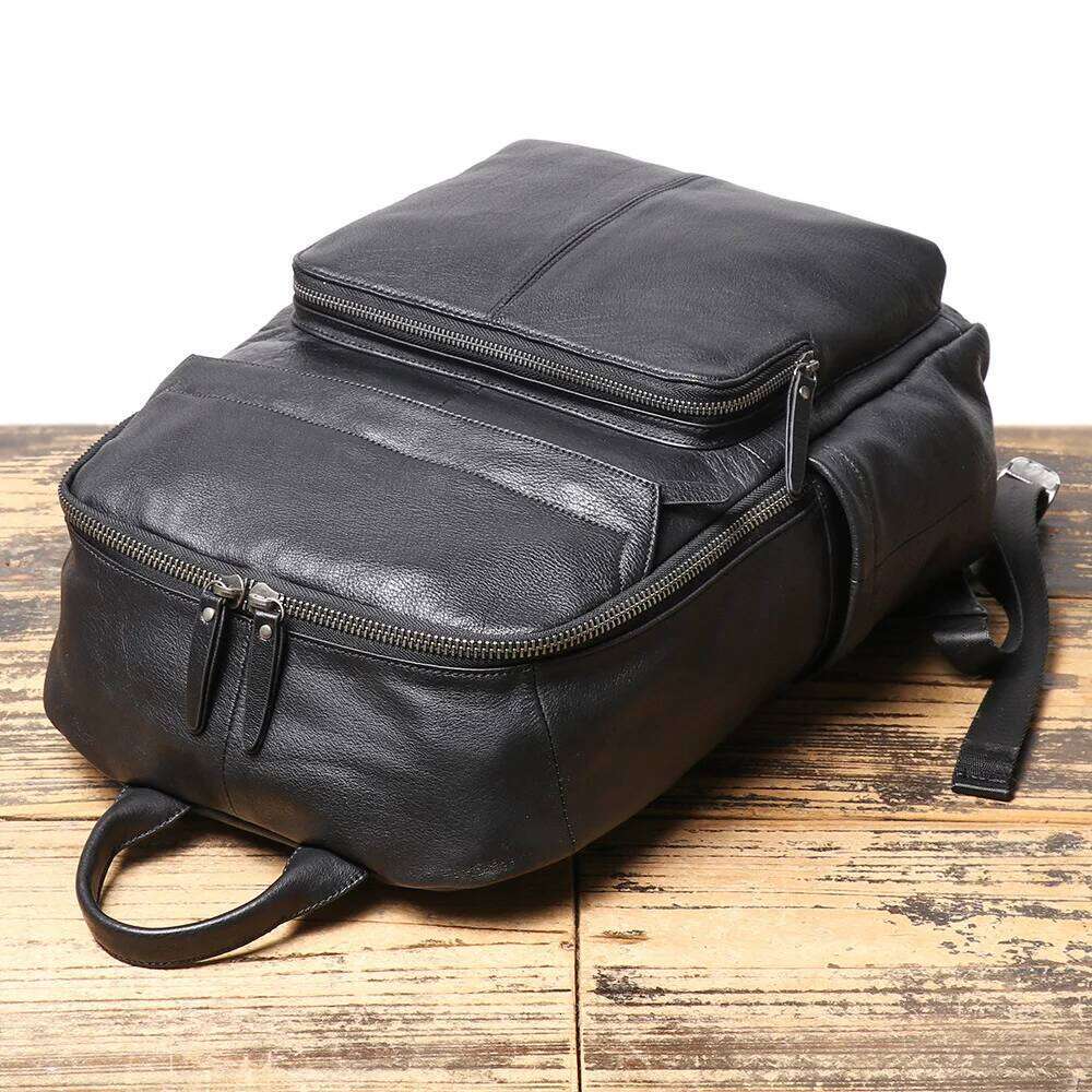 Men's Genuine Double-Shoulder Backpack, Top-Grain Leather Travel Bag, Large-Capacity Laptop Bag