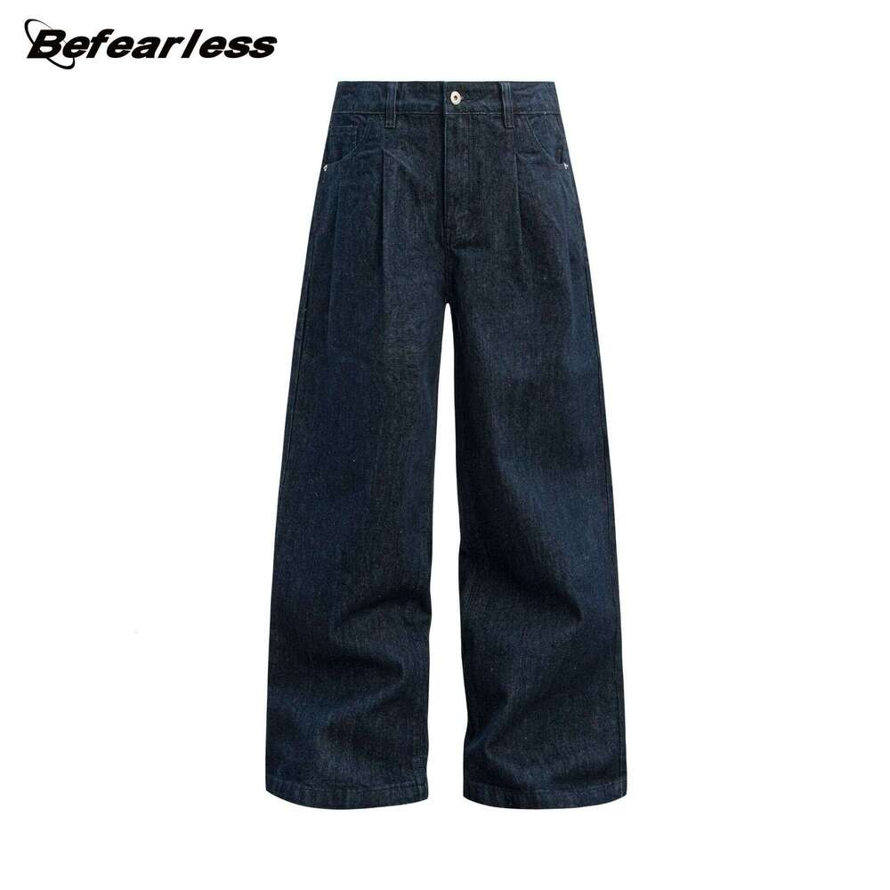 American Style Original Color Wide-Leg Jeans Unisex Trendy Loose Floor-Length Silhouette Couple Straight Casual Long Pants B5