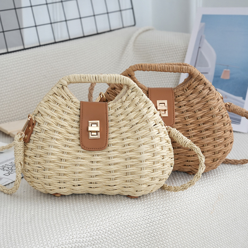 Luxury Brand Designer Bag New Korean Style Woven Crossbody Bag For Women Summer Beach Vacation Straw Frame Handbag