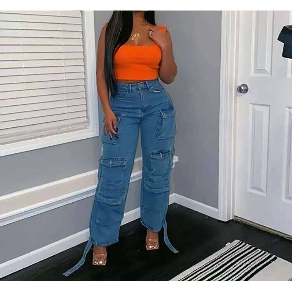Europe The United States High-waisted Multi-pocket Long Jeans, Women's Spring and Autumn New Trend Loose Splice Cargo Jeans