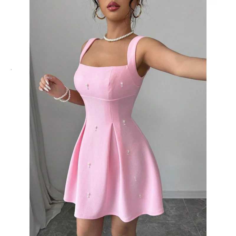 2025 Summer Women Ele Pink Suspender A-Line Dress Square Neck Slimming With Pearl Decoration Womens Sweet Party Dress XJ250814