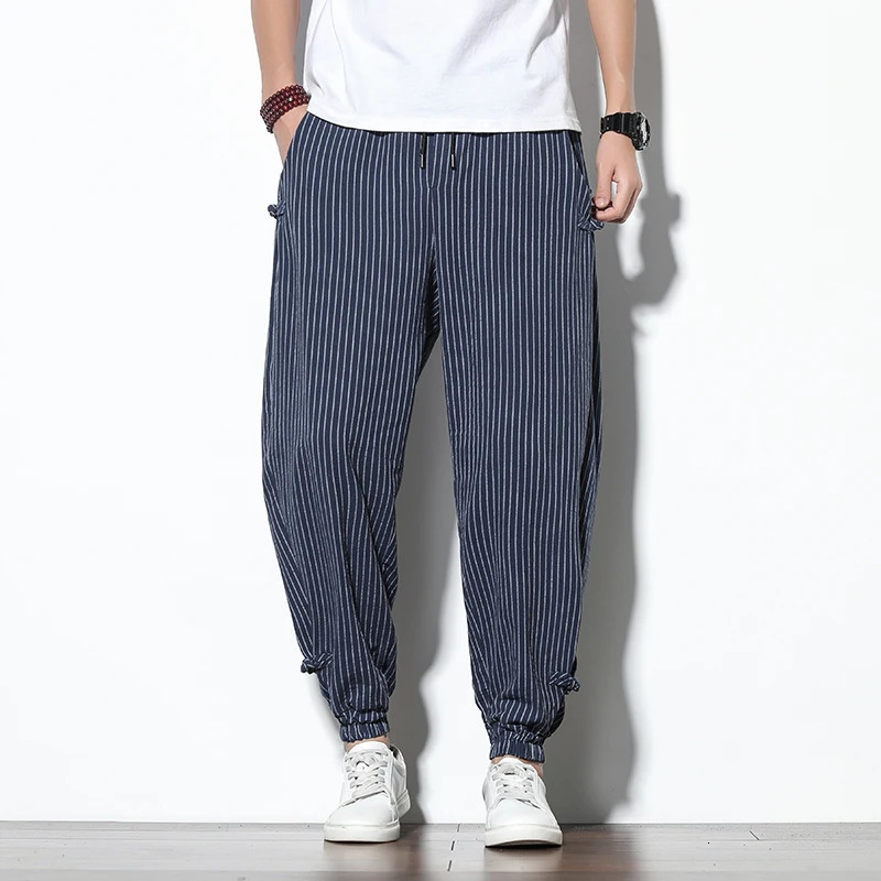 Spring Summer Disc Buckle Striped Harem Pants Mens Breathable Cotton Linen Pencil Casual Bloomers Fashion Trousers 250808