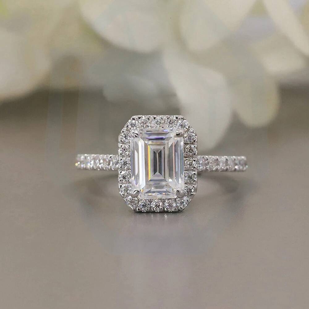 1/2CT Emerald Cut Moissanite Engagement Ring for Women 925 Silver D Color Halo Diamond Rings Wedding Band with Certificates