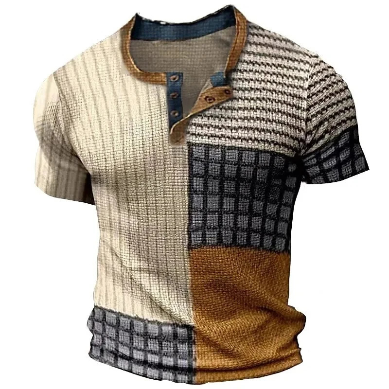 Summer 3D Printed Mens T Shirt Waffle Patchwork Textured T Shirt Cool Breathable Short Sleeve Vintage Casual Oversized Top 250813