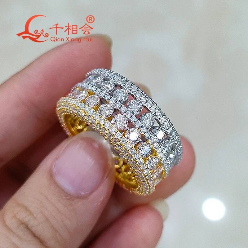Double Color Yellow And Silver 11.8mm Full Moissanite Ring with round Brilliant Diamonds - Engagement Wedding Jewelryr Men Women