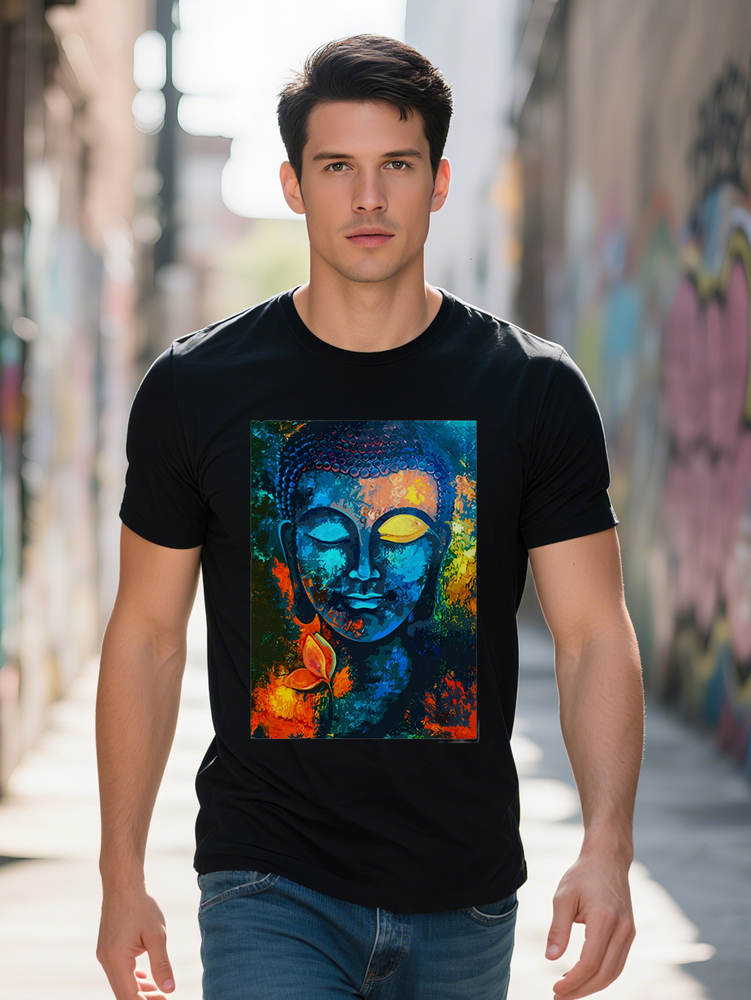 S Casual Versatile Round Neck T-Shirt Featuring Buddha Statue And Lotus Petal Print Perfect As A Gift For Men