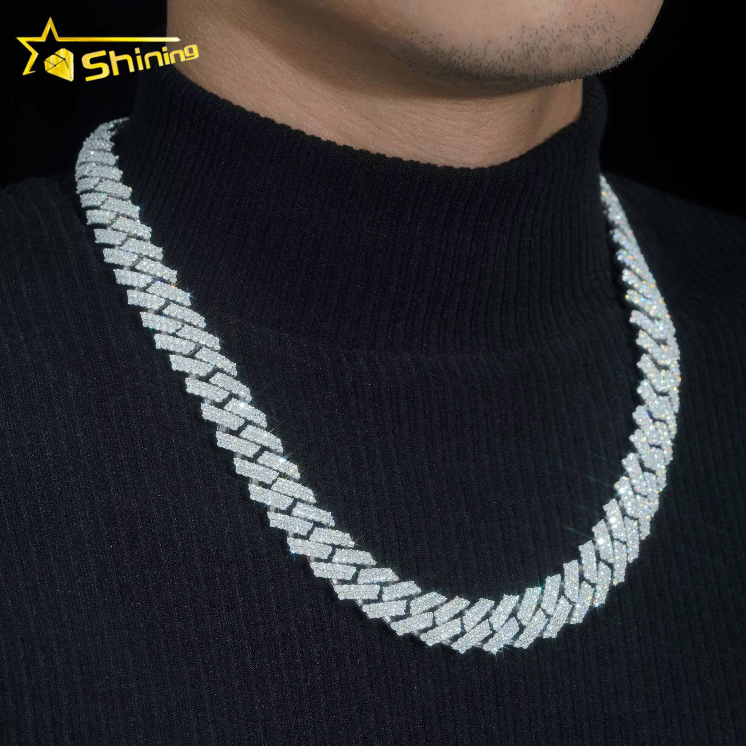 Shining Moissanite Hip Hop Jewelry 15mm 2rows Design Sterling Silver Gold Plated Diamond Moissanite Cuban Link Chain