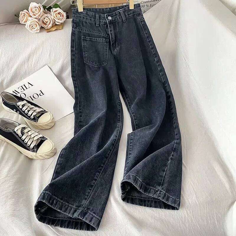 Autumn Spring Women Denim Vintage Straight Trousers Fashion Female Solid Pocket Casual Jeans Wide Leg Pants