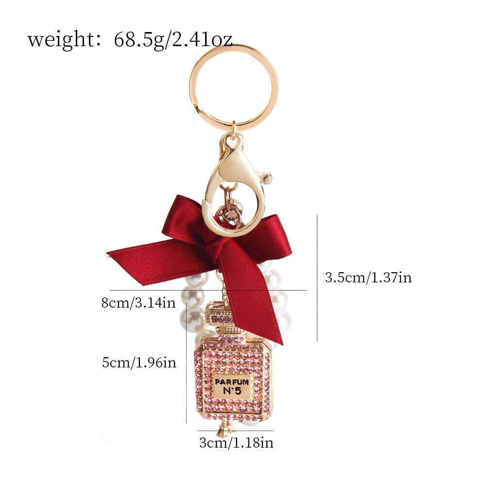 Korean Version Creative Full Diamond Inlaid Perfume Bottle Keychain for Women, Bowknot Pearl Bag Pendant Small Gift