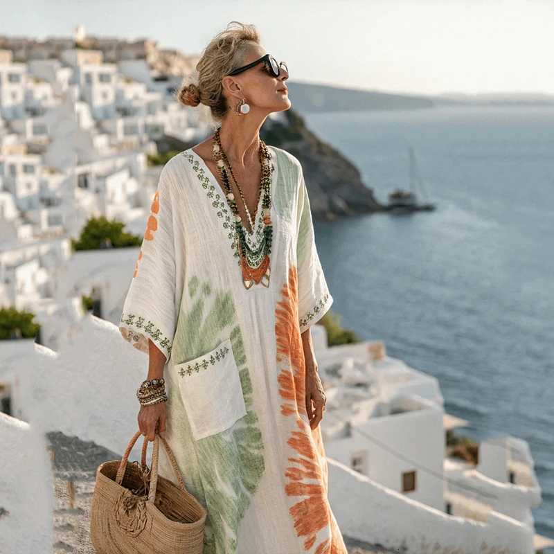 Summer Ele Loose Long Dresses for Women New Casual V Neck Short Sleeve Geometric Printing Splicing Pocket Loose Waist Dress XJ250814