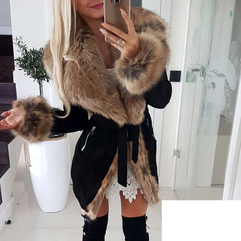 Women Autumn Winter Slim Faux Fur Collar Fashion Cotton Jacket Parka Long Sleeve Warm Coat