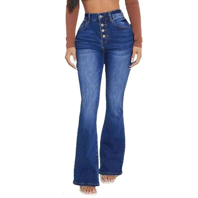 High Street Fashion High-waisted Women Four Seasons New Temperament Slim Micro-flared Jeans Casual Breasted Denim Pants