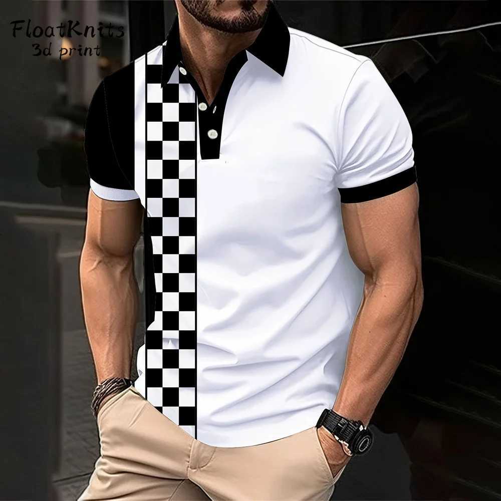 Mens Short Sleeve Polo Shirt Summer Line Plaid Printed Breathable Streetwear Fashion Splicing Mens Casual Shirt New Lapel Tops XJ250804