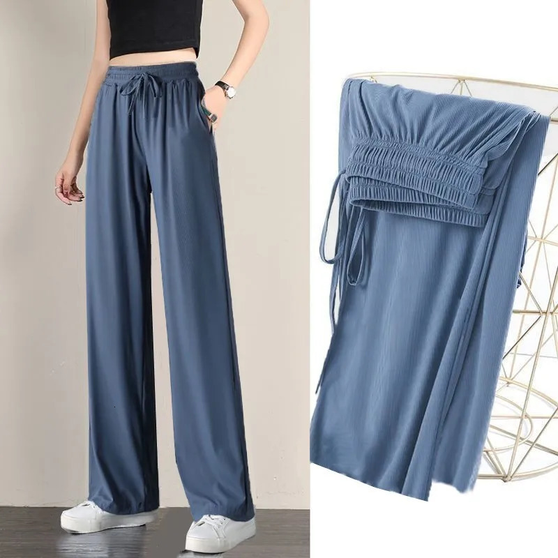 1pcs Summer Women Ice Silk Pant Female High Elastic Waist Drawstring Pocket Loose Straight Trousers Student Sports 250808
