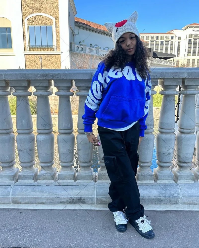 American style blue pullover trendy retro patchwork embroidery men hoodie sweatshirt Harajuku Gothic loose sweatshirt 250813