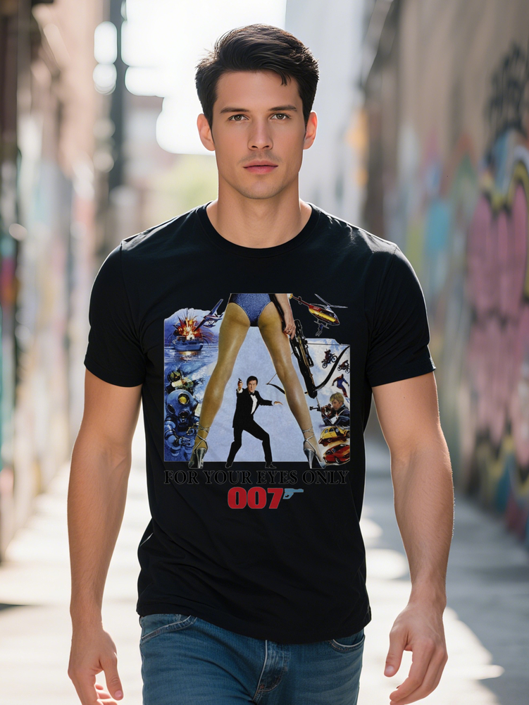 Men s Casual Graphic T Shirt with James Bond Your Eyes Only Scene Black Round Neck Summer Regular Fit Gift for
