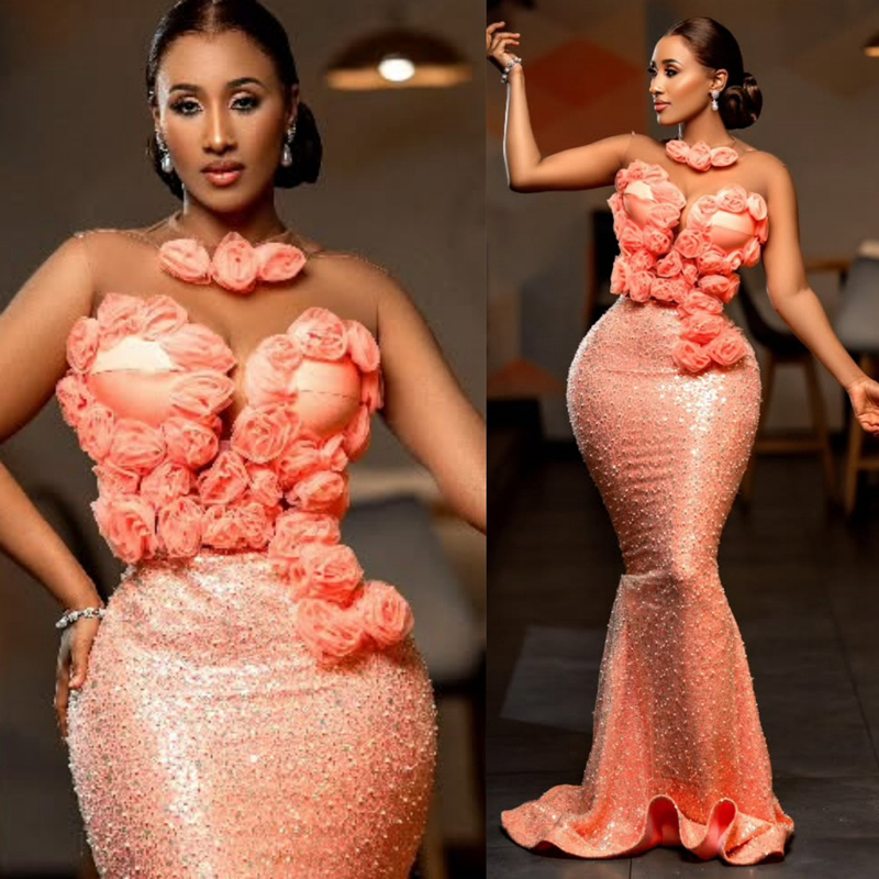 2025 Mermaid Watermelon Prom Dresses For Black Women Aso Ebi Illusion Sheer Neck Sequined Appliqued Lace Flora Beaded Birthday Dress Second Reception 