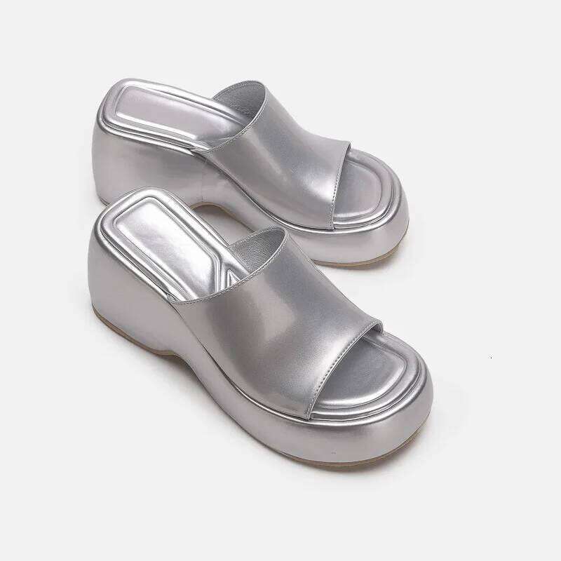 High Heeled Women's Slippers Platform Thick Wedges Sandals Women Slingback Fashion Design Metallic Casual Summer Shoes