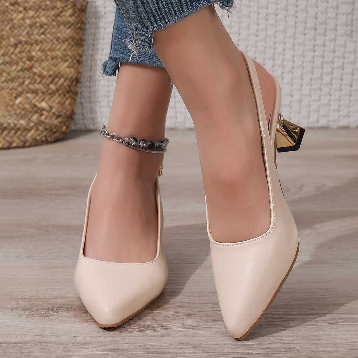 2025 Summer Womens Pu Leather High Heels Pumps Ankle Buckle Thick Heeled Sandals with Crystal Decor Pointed Toe Party Shoes W250814