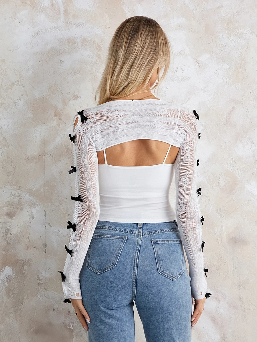 Women Lace Shrug Open Front Crop Tops Bow Fishnet Arm Sleeves with Finger Hole Retro Gothic Kawaii Lolota Y2K Aesthetic Gloves 250813