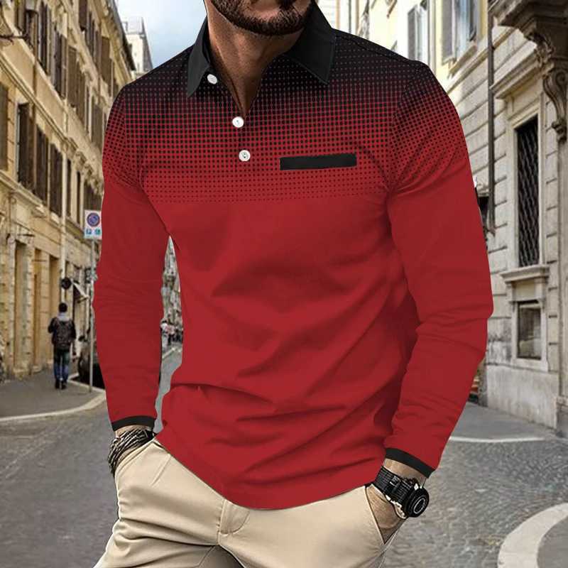 Fashionable 3D Digital Contrasting Print Mens Lapel Long Sleeved Polo Shirt with Button Design for Comfortable Outdoor WearXJ250804