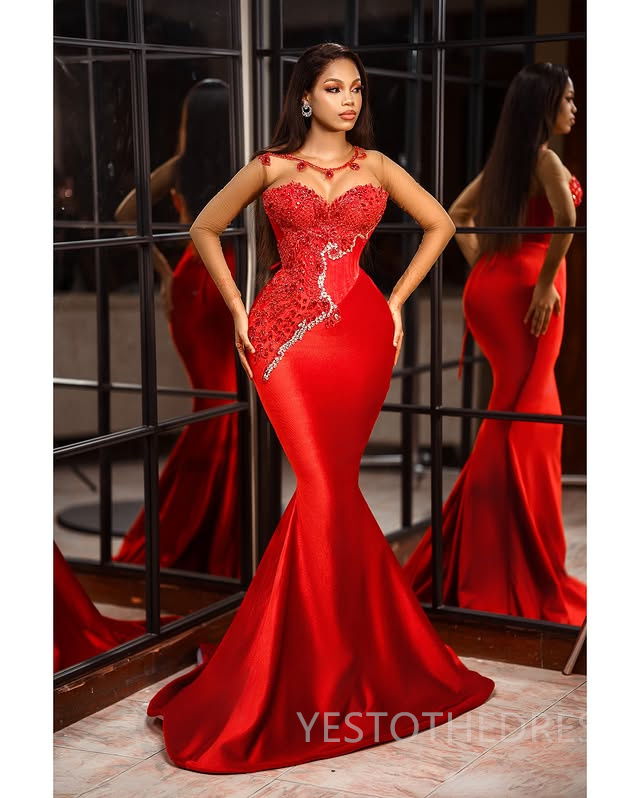 2025 Mermaid Red Prom Dresses For Black Women Aso Ebi Illusion Sheer Neck Long Sleeves Appliqued Lace Beaded Birthday Dress Second Reception Gown AM21