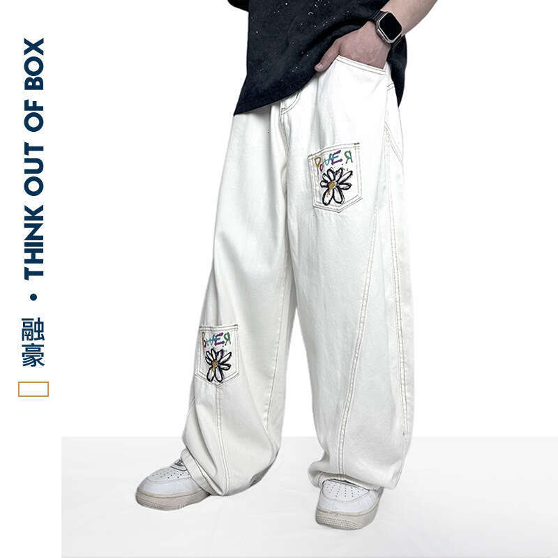 Trendy Floral Graffiti Cargo Multi-Pocket Design Wide-Leg Scimitar Unisex Versatile Neutral White Casual Long Pants B5