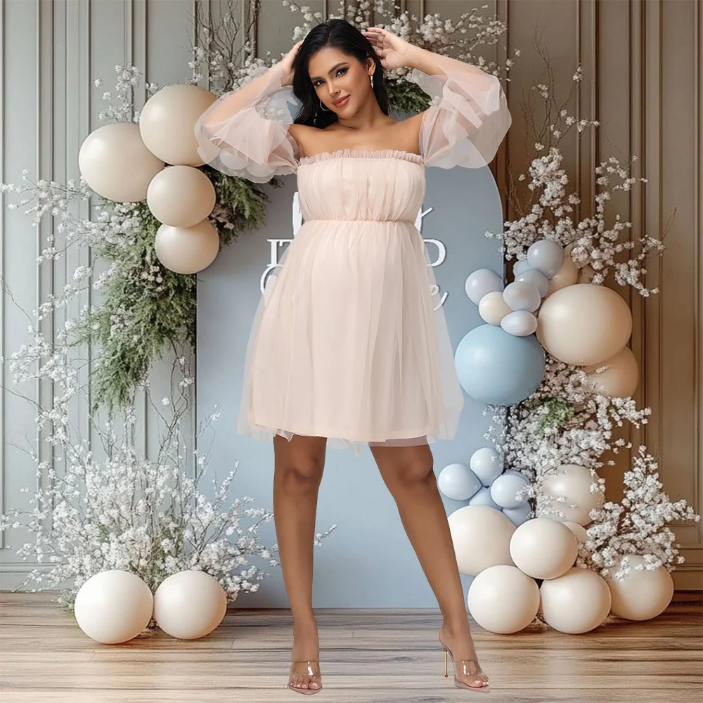 Maternity Mesh Pography Gown Long Sleeves Off-shoulder Elegant Summer Short Dress for Baby Shower Poshoot 250813