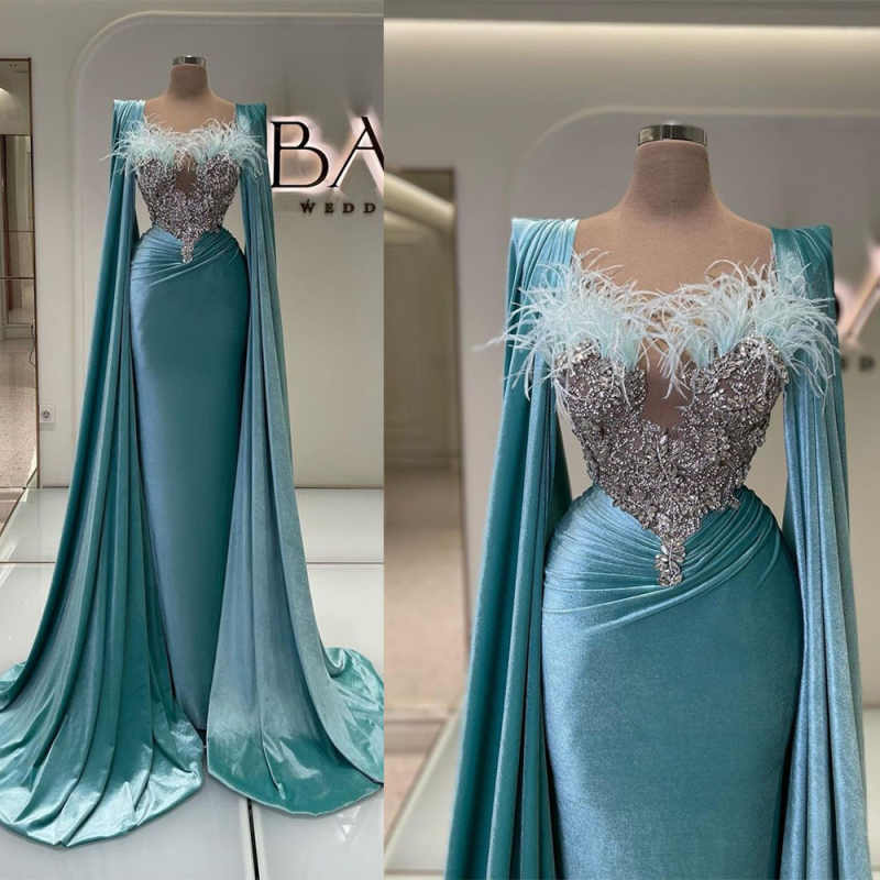Sexy Applique Crystal Prom Dresses Beading Feather Sequined Evening Gowns Floor Length Velvet Party Dress Customized