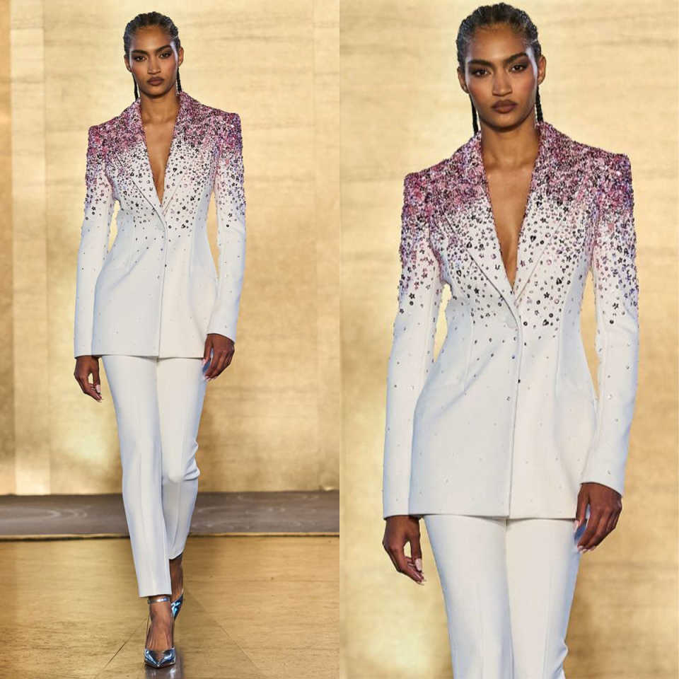 Graceful 2 Pieces Women Suits Long Sleeve Crystal Beading Jacket Blazers Office Ladies Work Classic Fit Party Outfits