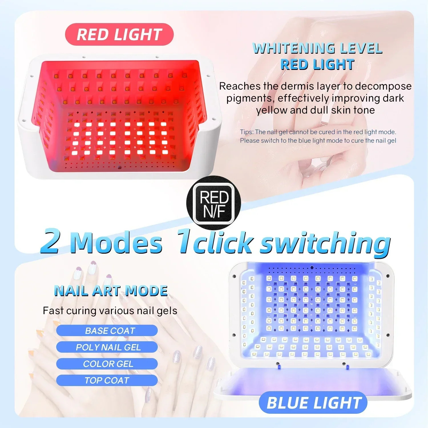 480W UV LED Lamp for Nails 108 LEDs Nail Dryer with Red Light Whitening Mode Large Space Manicure Lamp 4 Timer Settings 250807