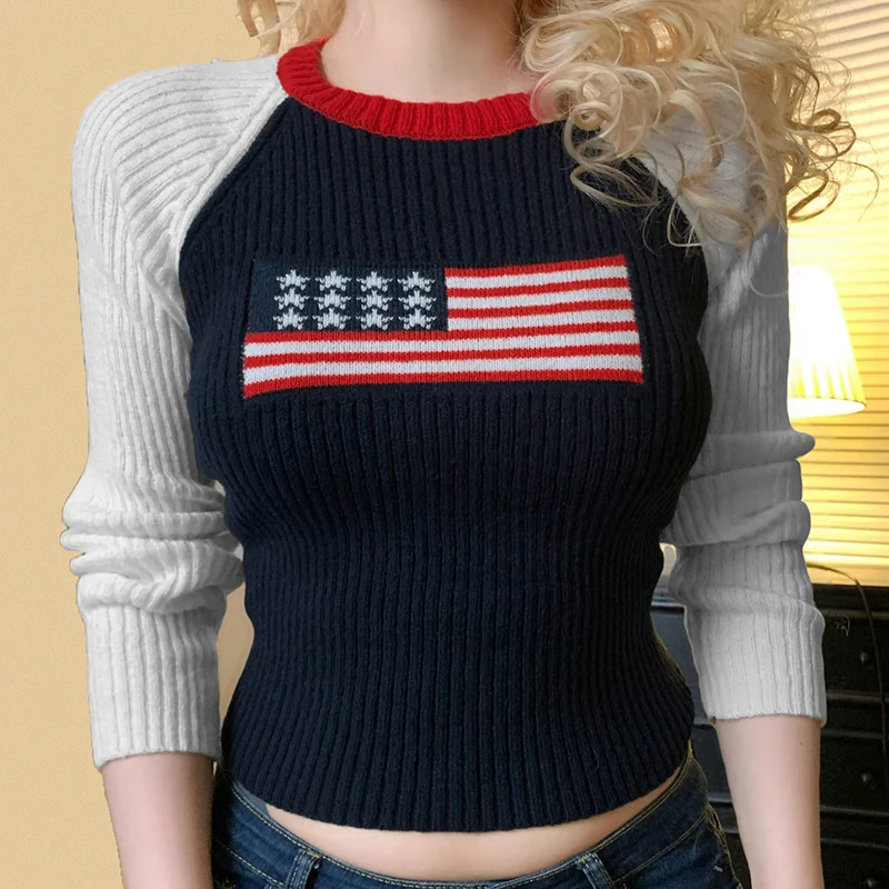 Flag Graphic Colorblock Long Sleeve Sweater Fall Winter Slim Fit Round Neck Short Pullover Casual Fashion Knitwear for Women 250808