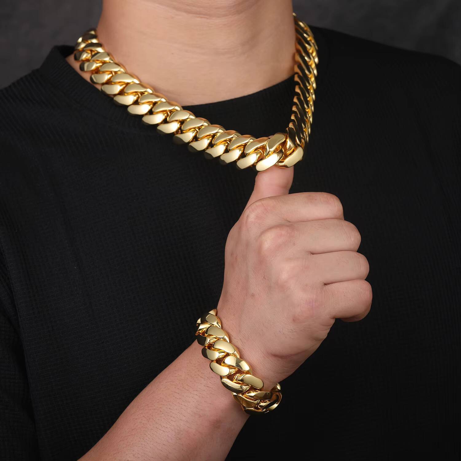 Wholesale 18mm-20mm Solid Cuban Chain 18K Real Gold Plated Hip Hop Heavy Choker Multiple Size Miami Cuban Link Necklace