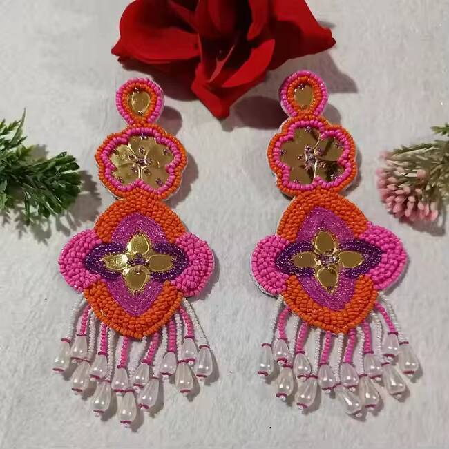 2025 New Bohemian Handmade Colorful Beaded Exaggerated Tassel Long Earrings Women's Accessories