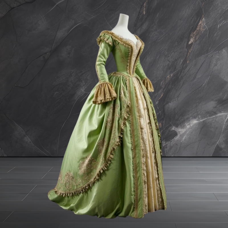 Green And Gold Vintage Victorian Prom Dresses Long Sleeves Baroque Qunee Masquerade Gowns Lace Appliques Retro Special Occasion Costume