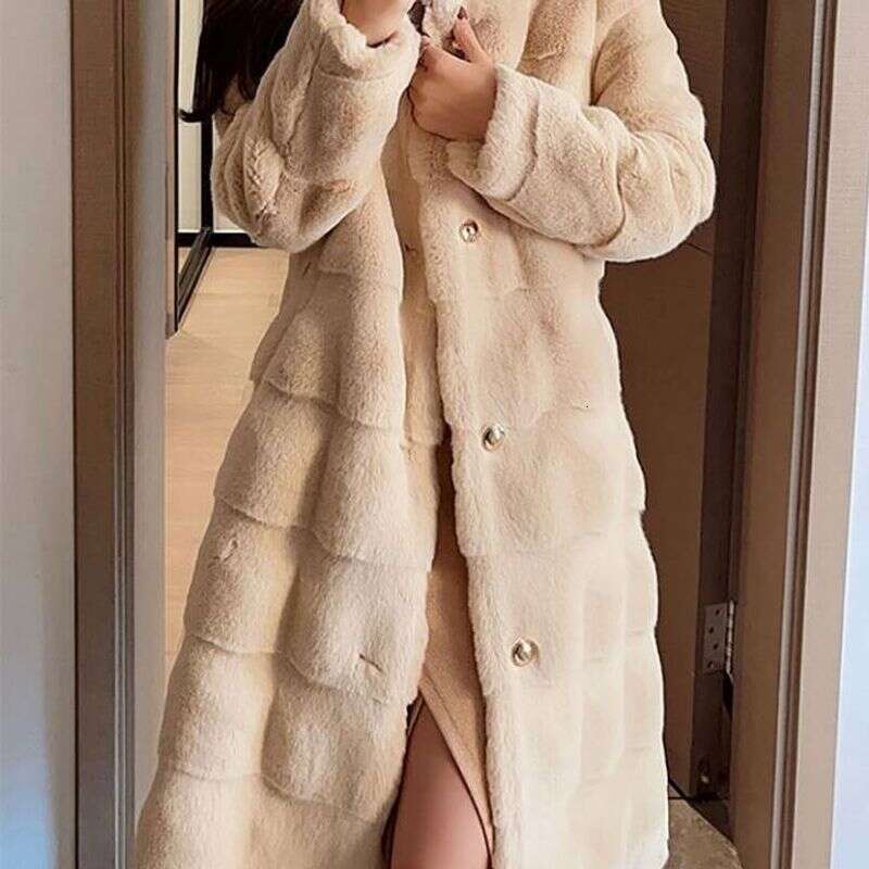 Faux Fur Coats Women Mid Length Coat Thick Warm Stand Collar White Apricot Open Stitch Autumn Winter Maxi Furry Outerwear