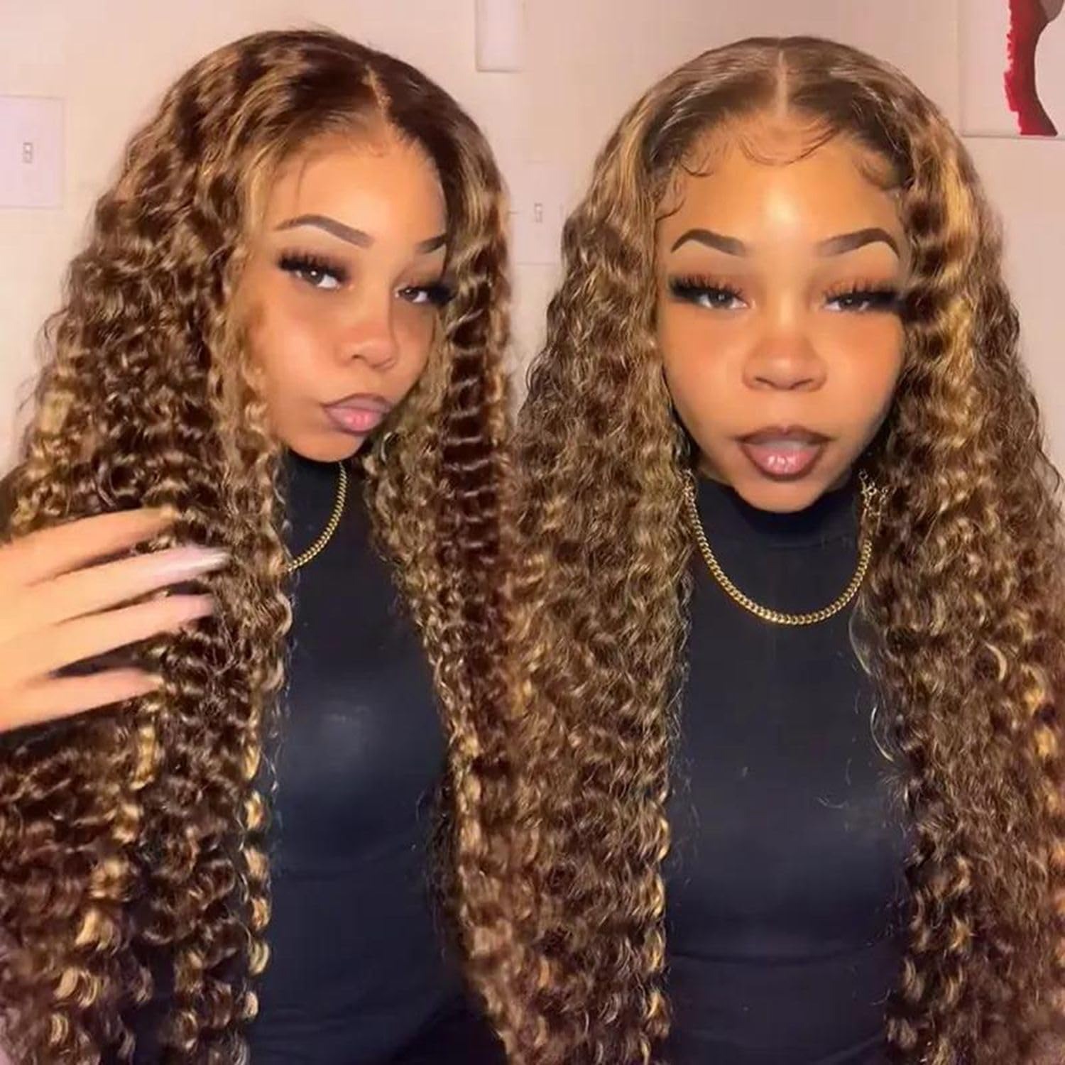 Deep Wave Lace Front Wigs Ombre Auburn Brown with Black Roots Glueless Wigs Pre-plucked Synthetic Water Wave Frontal Wig with Baby Hair