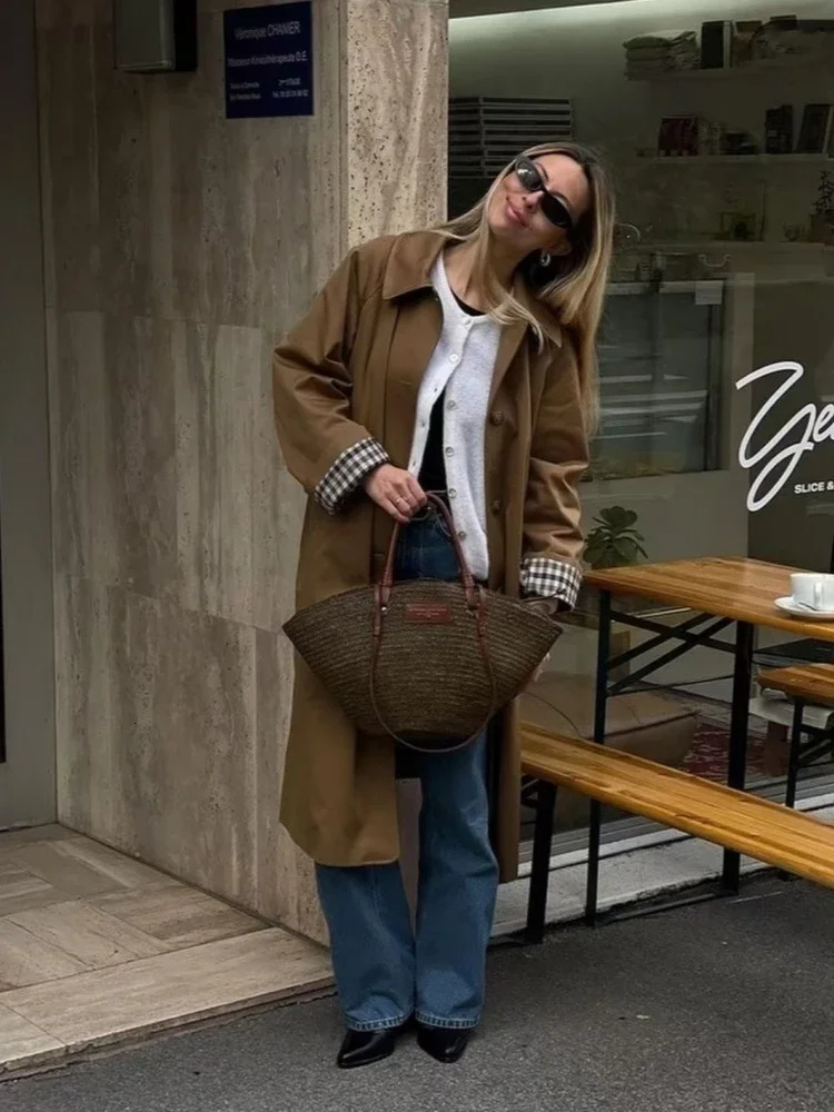 Women Casual Khaki Plaid Lined Lapel Long Coats 2024 Fashion Single Breasted Jacket with Pocket Female Chic High Street Overcoat 250805