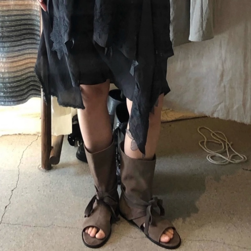 Designer Cowboy Boots Fashionable Women High Top Flats Women Summer Lace Up Open Toe Sandals Western Boots 35-40 XY74