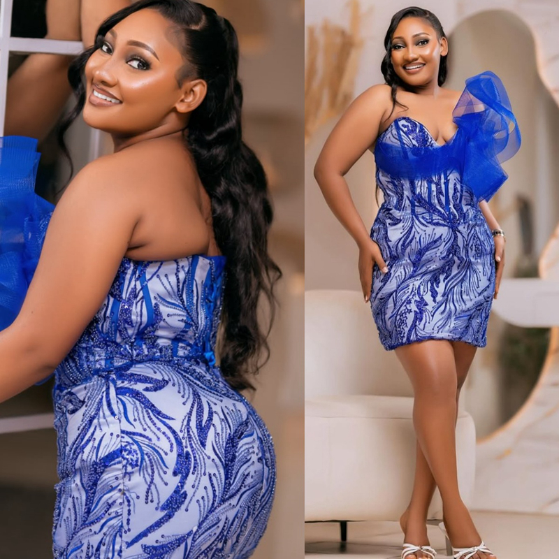 2025 Plus Size Royal Blue Cocktail Dresses For Women Short Mini Dress Sheath Beaded Lace Sexy Pleated Ruffles Homecoming Gown For Nigeria Black Girls 
