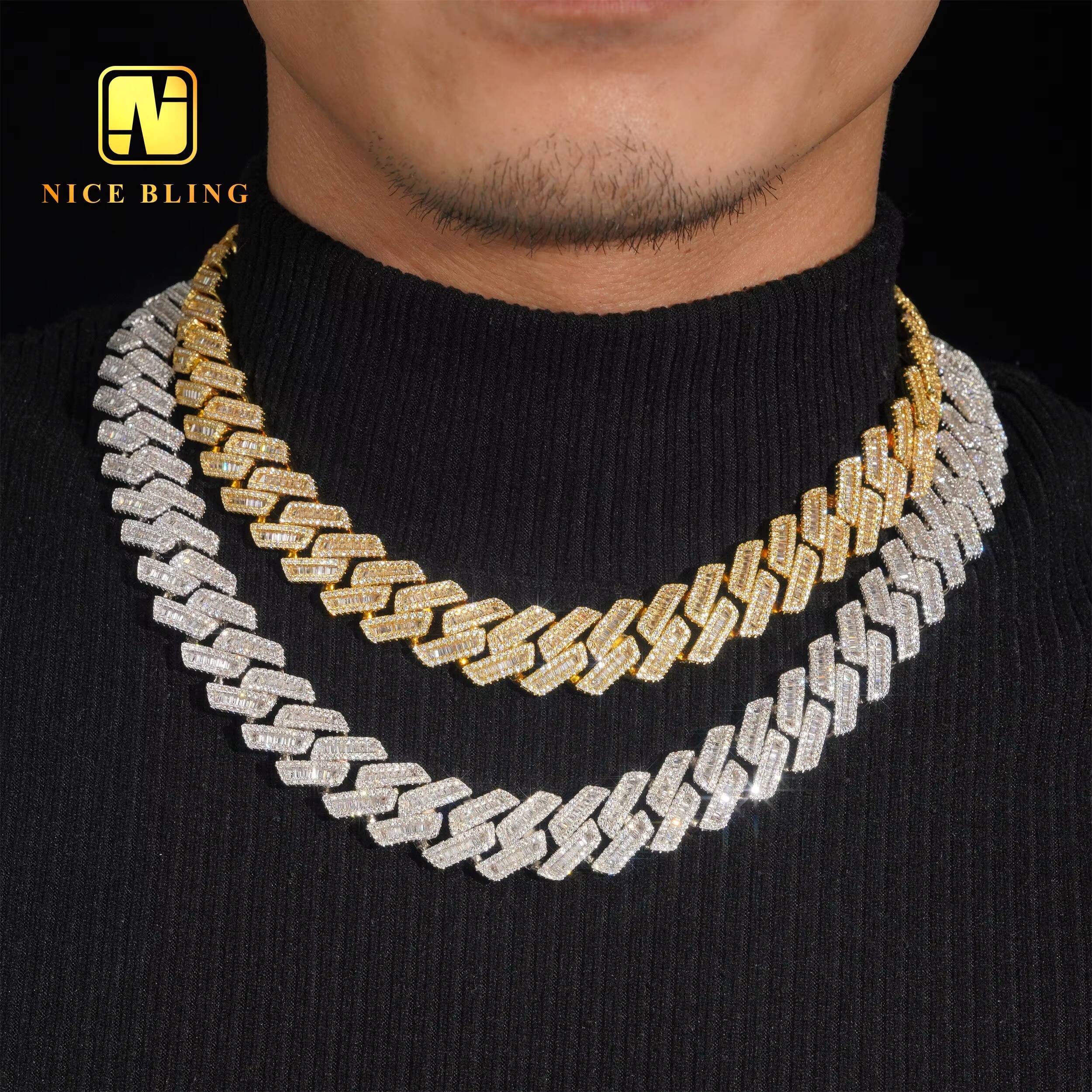17mm Cuban Link Chains Men Hip Hop Jewelry baguette CZ Diamond Necklaces Iced Out Brass Chains