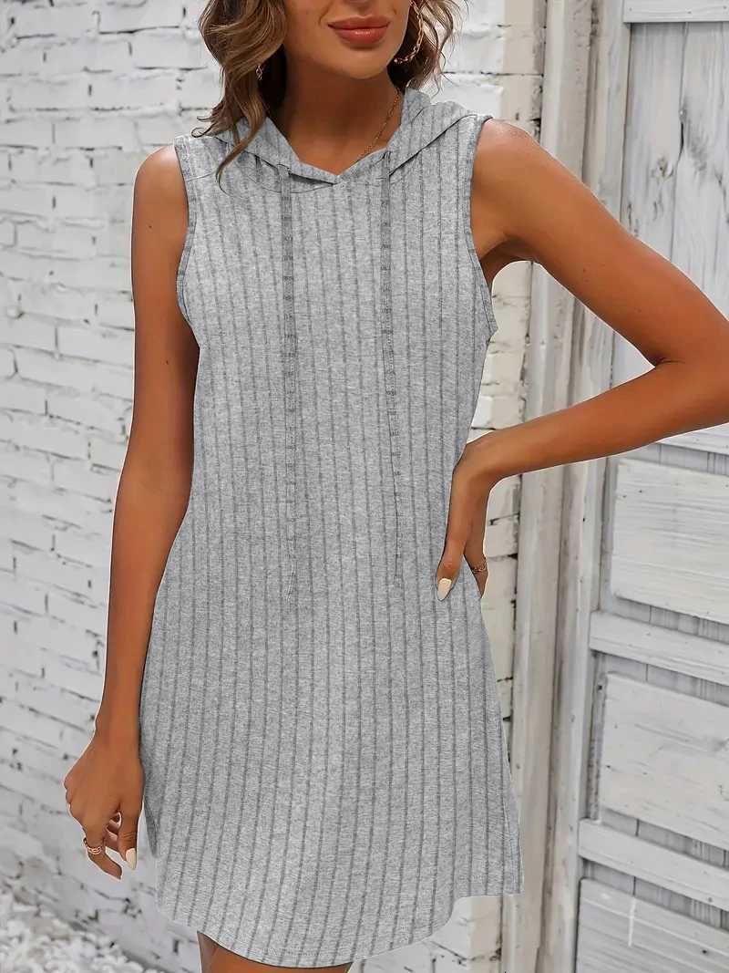 Hooded Sleeveless Dress Short Skirt Drawstring Casual Summer Sweater Dress XJ250814