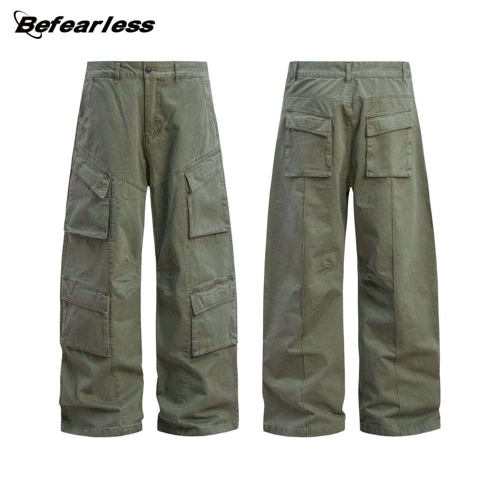 American Style Washed Vintage Scimitar Cargo Unisex Trendy Loose Niche Curved Multi-Pocket Casual Long Pants B5