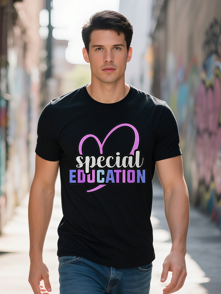 Men s Casual Short Sleeve T Shirt Black with Heart Special Education Print Round Neck Summer Top Regular Fit Tee