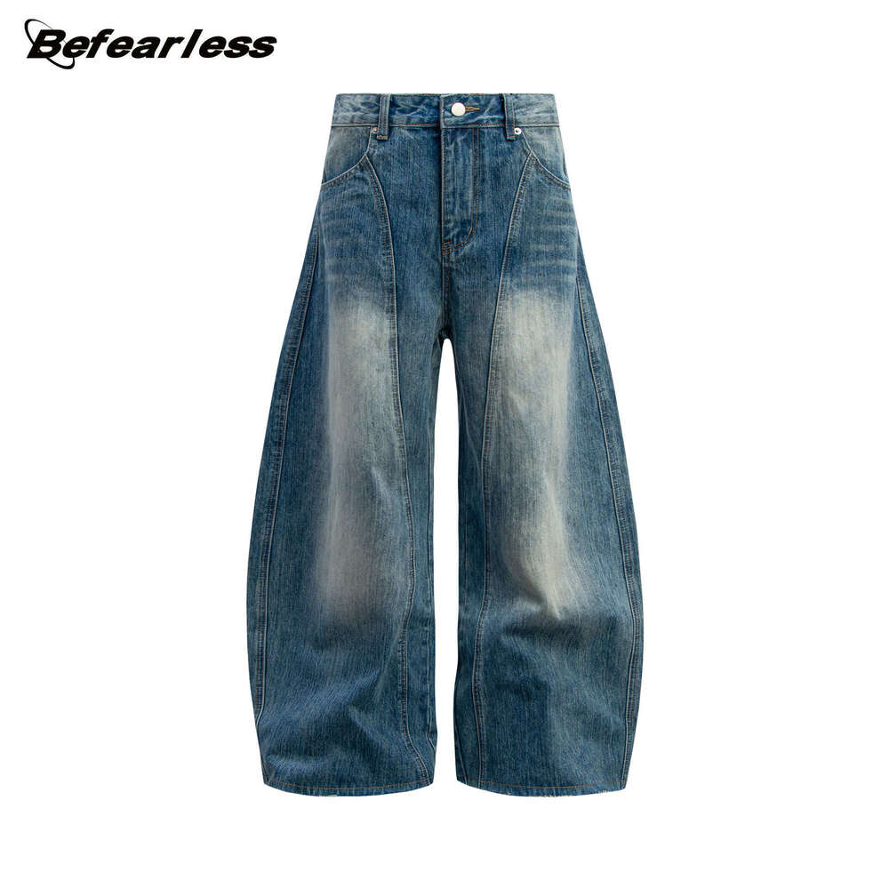 American Style Raw Denim Scimitar Jeans Loose Draped Wide Leg Sickle Men's Summer Long Pants B5